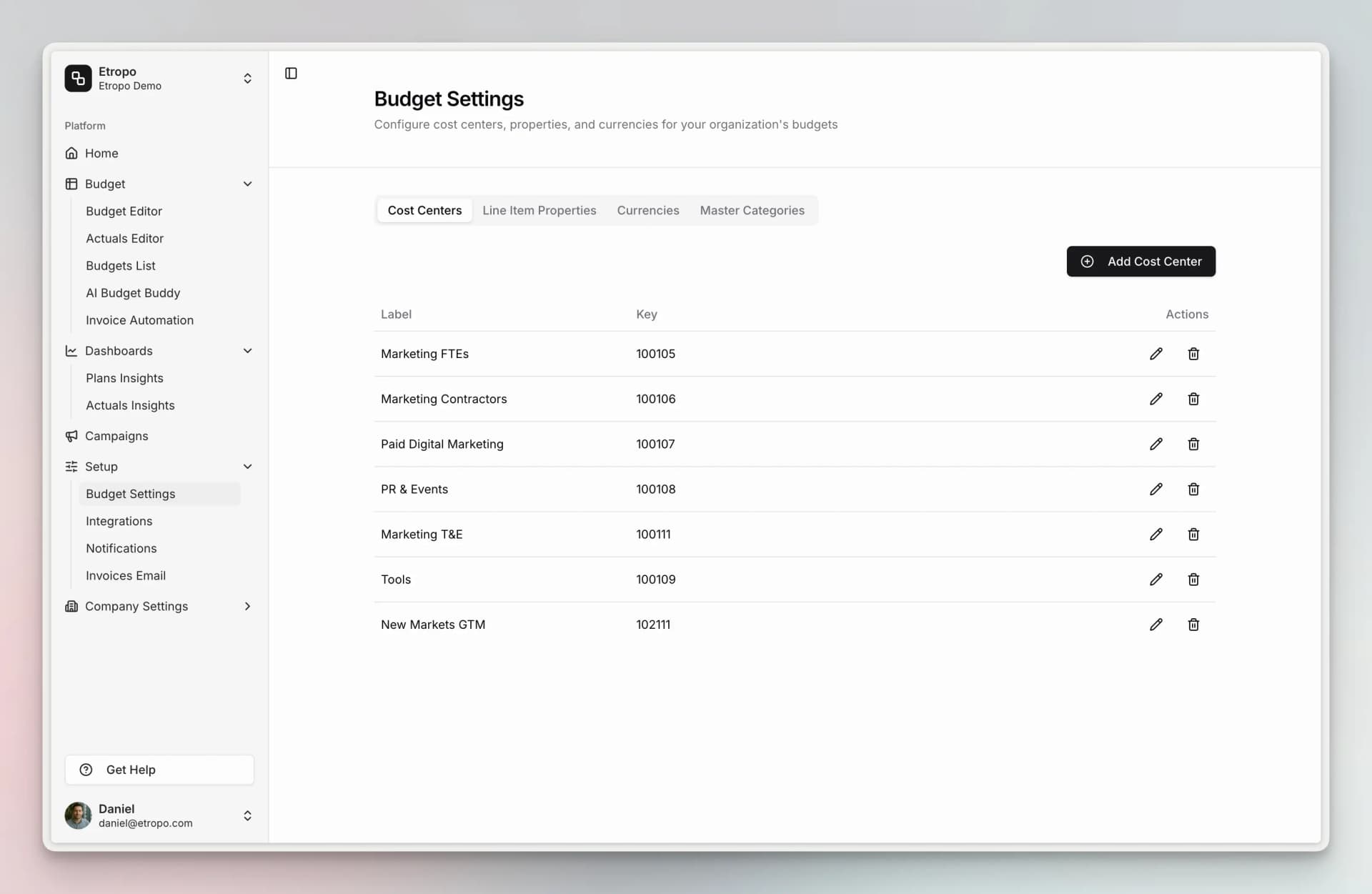 Sample cost center structure showing marketing department codes mapped to GL accounts