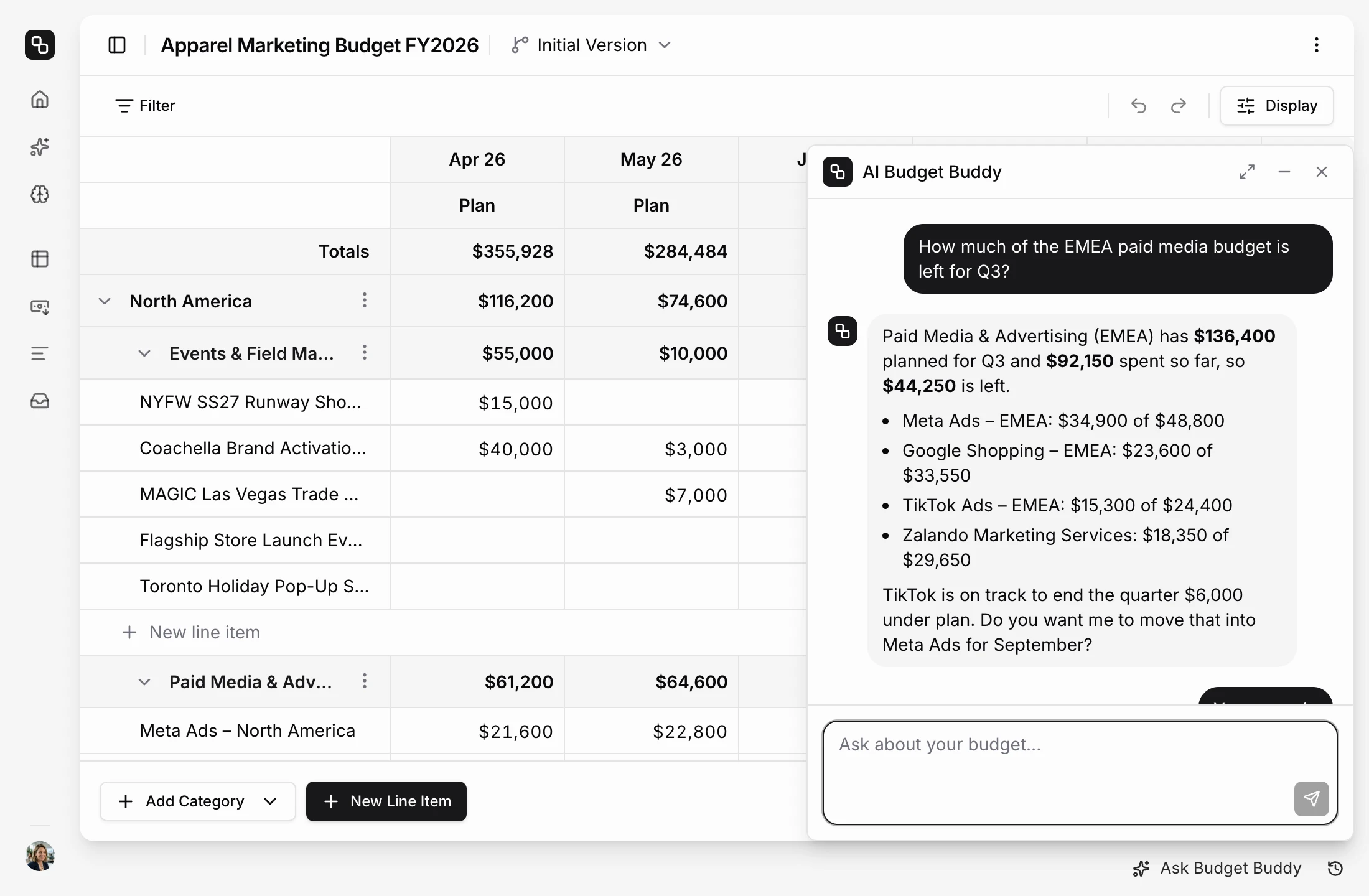 AI Budget Buddy panel open next to the apparel budget grid, with an answer about the EMEA paid media budget left for Q3, by channel
