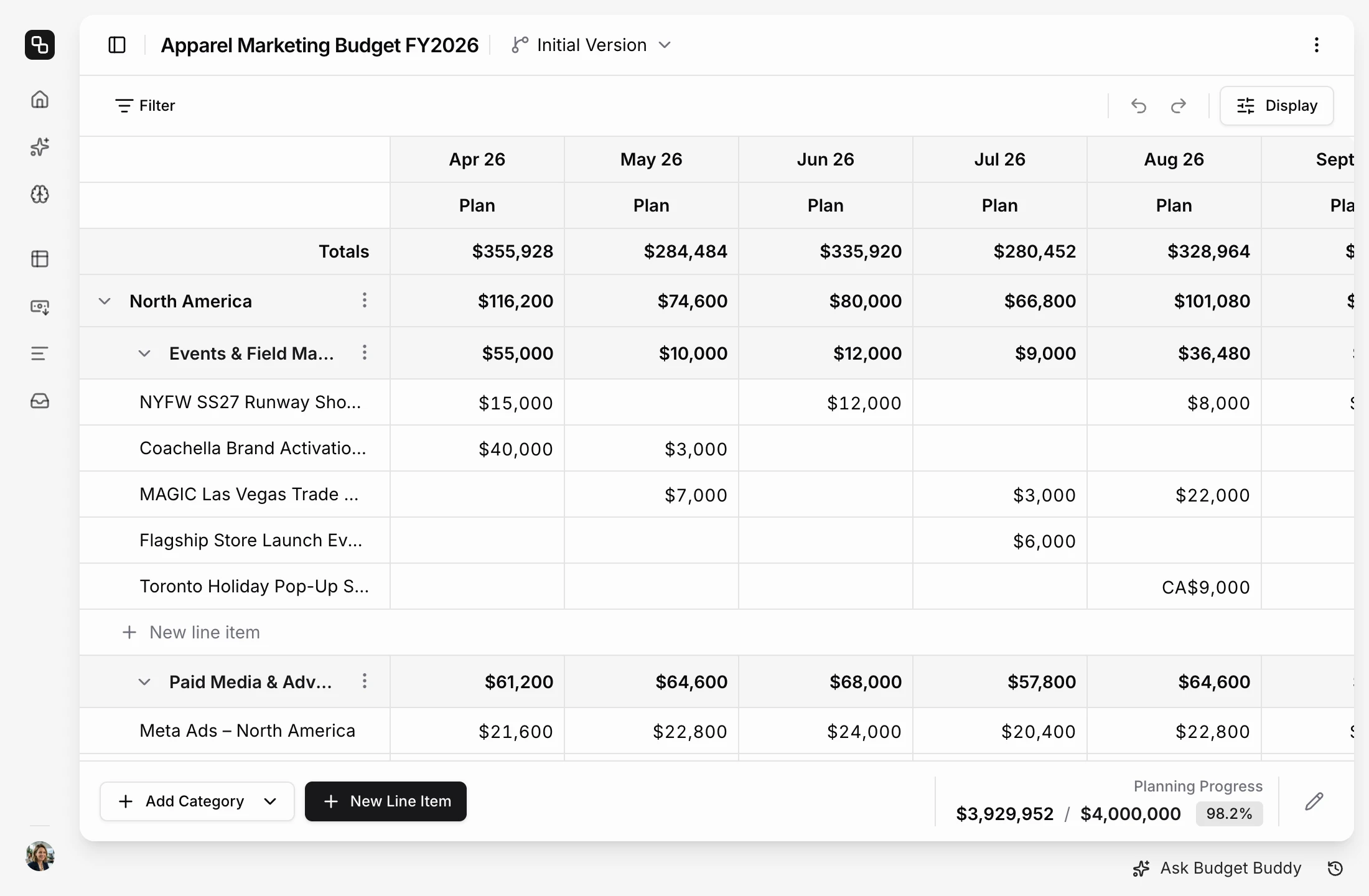 Etropo budget editor with the Apparel Marketing Budget FY2026: North America events such as the NYFW SS27 runway show and Coachella, then Meta, Google Shopping and TikTok ads, with monthly plan columns in dollars and Canadian dollars